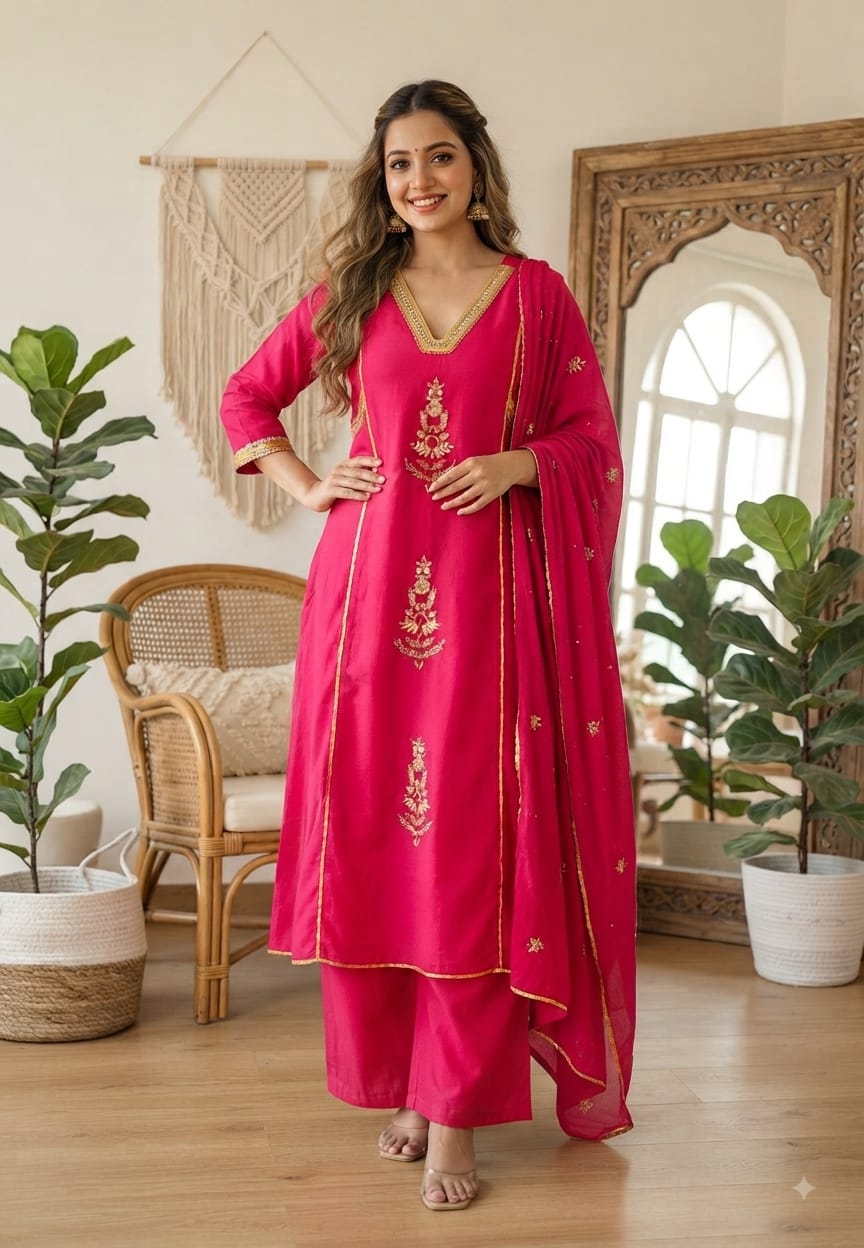 Beautiful Kundan Look Front Embroidery Highlighted A-Line Mul-Chanderi Full Suit Set With Dupatta- 15851