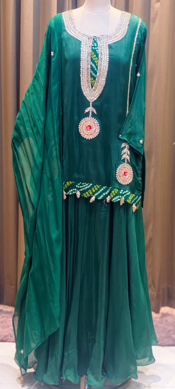 Bandhej Highlights Elegant Gotta Detailing Crepe Full Suit Set With Flared Skirt Bottom & Dupatta- 15852