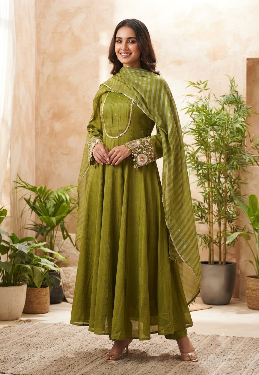 Crush Elegance Golden Lace Highlight & Sequin Handwork Sleeve Tissue Anarkali Full Suit Set With Dupatta- 13611