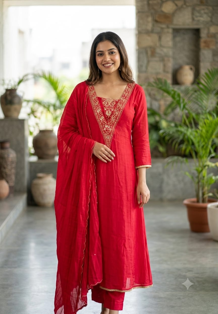Festive Special Embroidered V-Neck Vibrant A-Line Full Suit Set With Dupatta- 15586