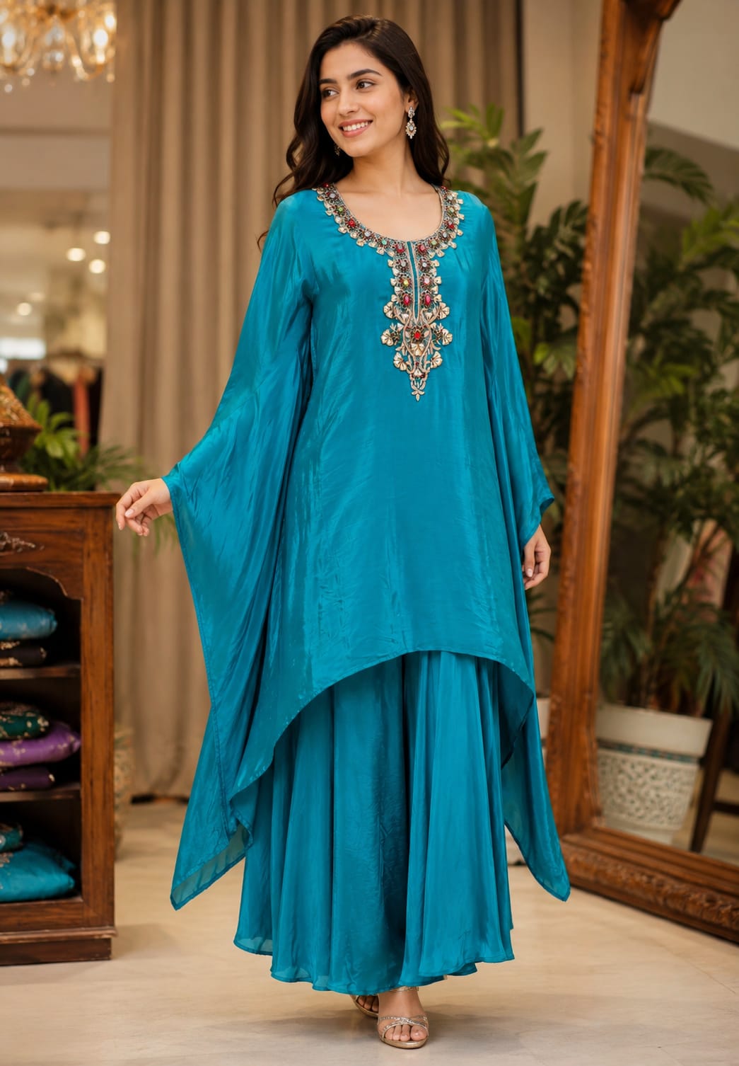 Jewel Handwork Over Yoke Stylish Flared Kaftan With Palazzo Bottom In Premium Crepe Fabric