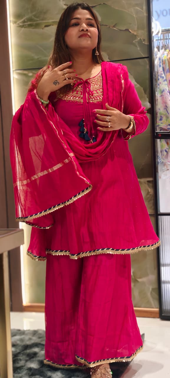 Heavy Embroidered Yoke With Tassel Accent Pure Mul-Chanderi A-Line Full Suit Set With Dupatta- 15802