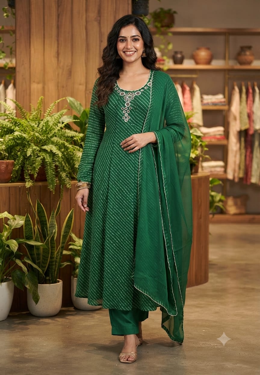 Graceful Green Ethnic Printed Kurti with Beautiful Embellished Neckline Georgette Anarkali Full Suit Set With Dupatta- 15712