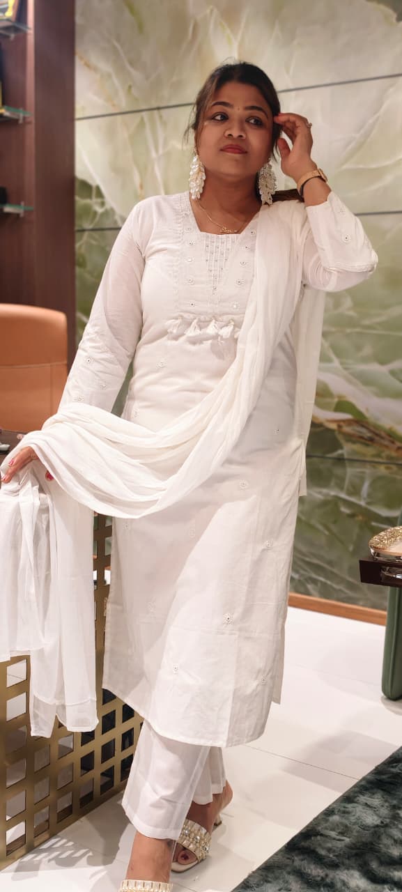 Divine White Beautiful Thread Embroidered Cotton Full Suit Set With Dupatta- 15867