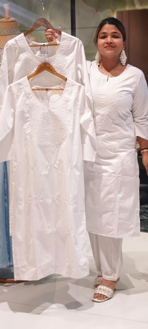 Flawless White Base Chikankari Embroidery Thick Cotton Long Kurti Only- 15869