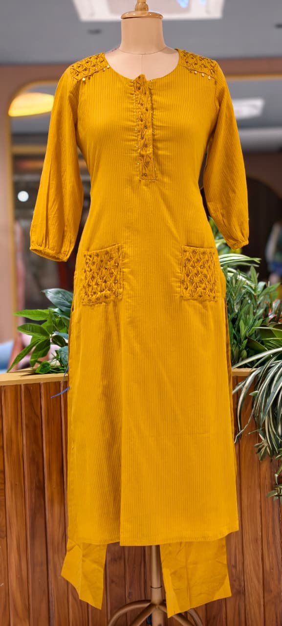 Pin-Tucks Style Pocket Look Mustard Shaded Cotton Straight Full Suit Set With Dupatta- 15214