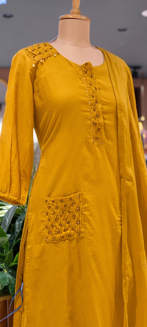 Pin-Tucks Style Pocket Look Mustard Shaded Cotton Straight Full Suit Set With Dupatta- 15214