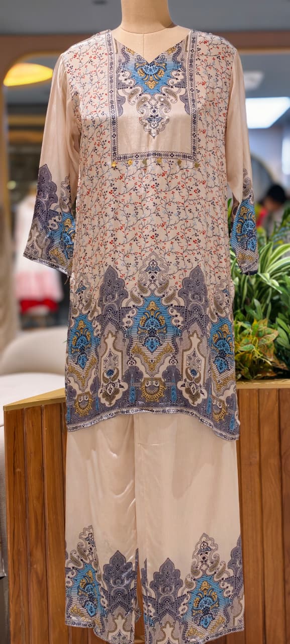 Artisnal Elegant Aqua Printed Flowy Crepe Casual Co-Ord Set- 15377