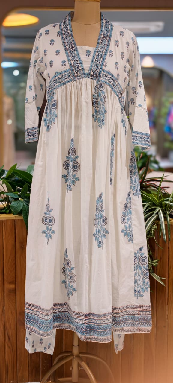 Elegant V-Neckline Alia-Cut Soft Cotton Anarkali Full Suit Set With Floral Block Prints- 15834, 15835