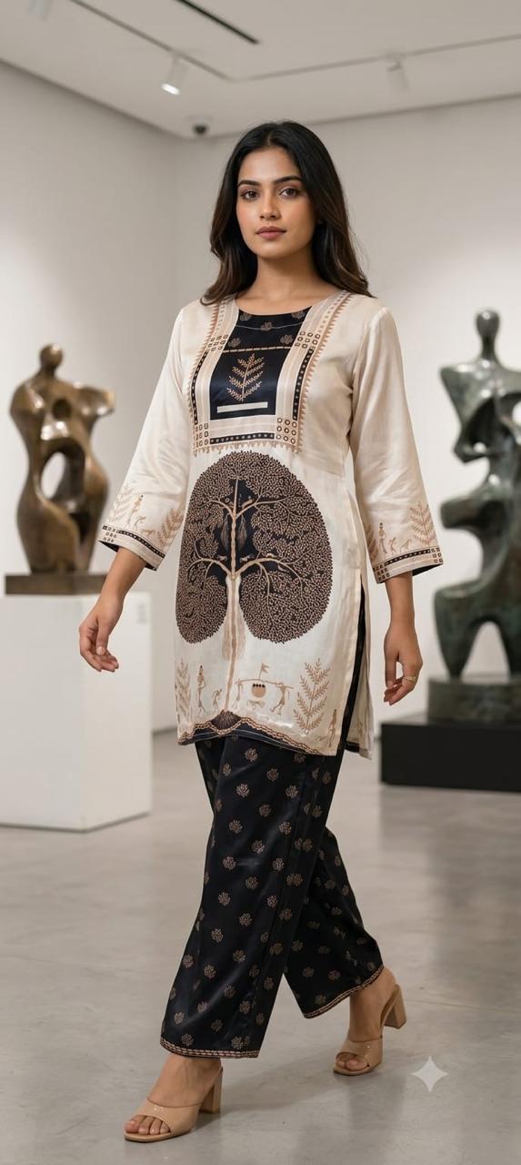Humming Tree Inspired Artisnal Print Flowy Crepe Co-Ord Set- 15239