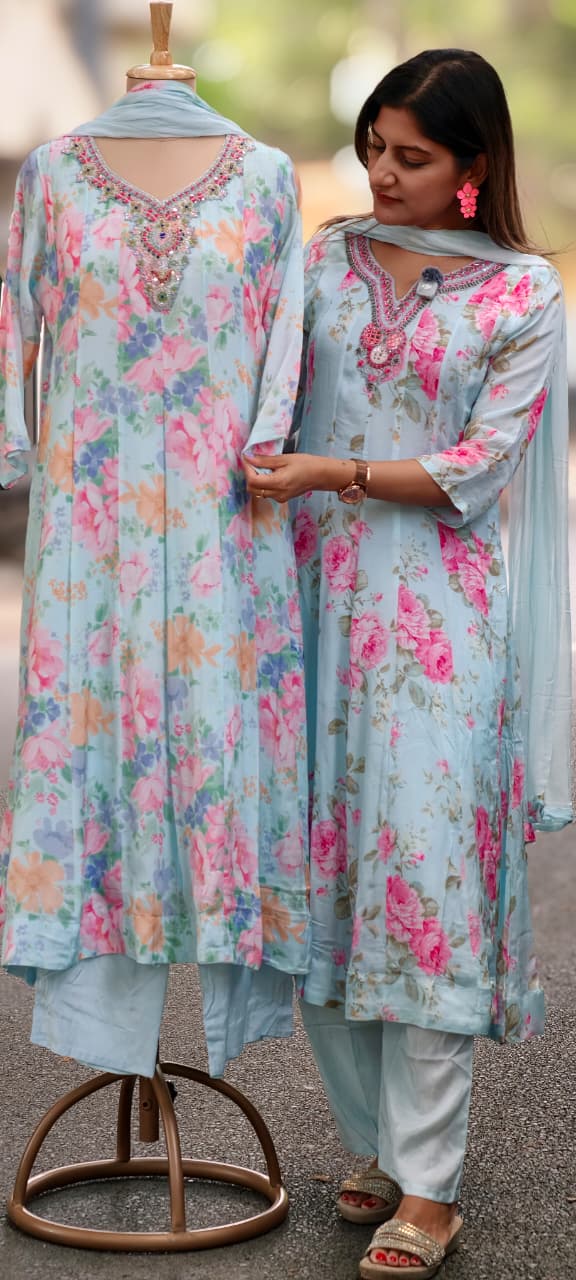 Spring Graceful Floral Printed Beautiful Neckline Panel Anarkali Full Suit Set With Dupatta In Chinon Fabric- 15960, 15962