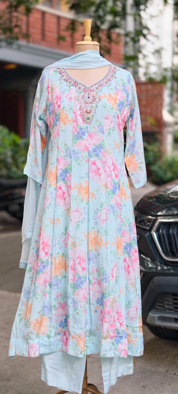 Spring Graceful Floral Printed Beautiful Neckline Panel Anarkali Full Suit Set With Dupatta In Chinon Fabric- 15960, 15962
