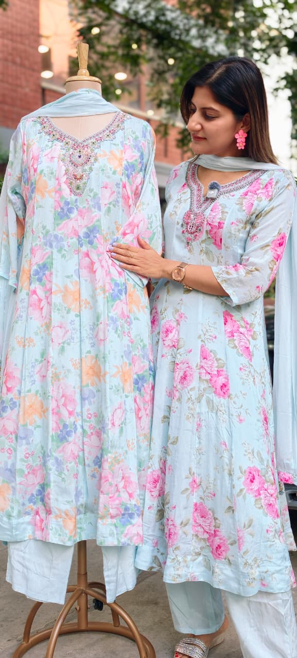 Spring Graceful Floral Printed Beautiful Neckline Panel Anarkali Full Suit Set With Dupatta In Chinon Fabric- 15960, 15962