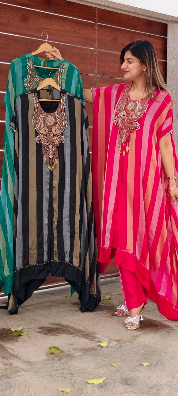 Zardozi Dabka Embroidery 3D textured Yoke Stripe Elegance Oversized Kaftan Style Outer With Separate Inner & Matching Bottom- 16013
