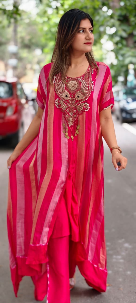 Zardozi Dabka Embroidery 3D textured Yoke Stripe Elegance Oversized Kaftan Style Outer With Separate Inner & Matching Bottom- 16013