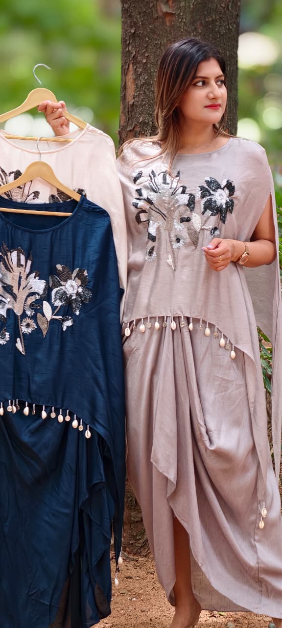 3D Floral Embroidery Marodi Work Kodi Tassel Accent High-Low Top With Matching Drape Skirt- 16010