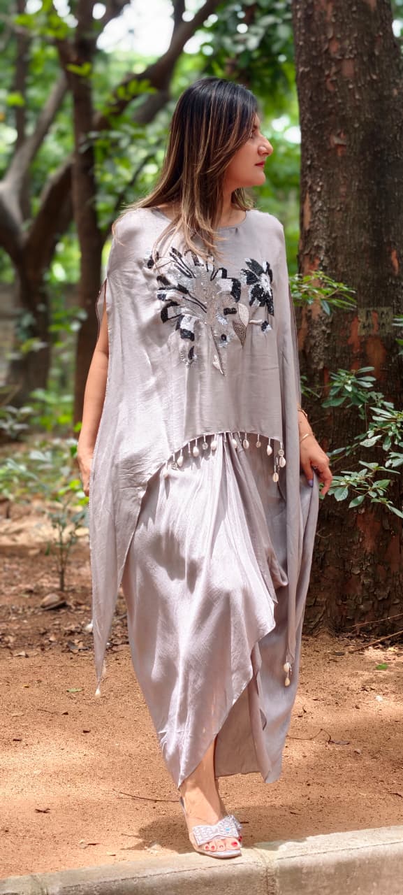 3D Floral Embroidery Marodi Work Kodi Tassel Accent High-Low Top With Matching Drape Skirt- 16010