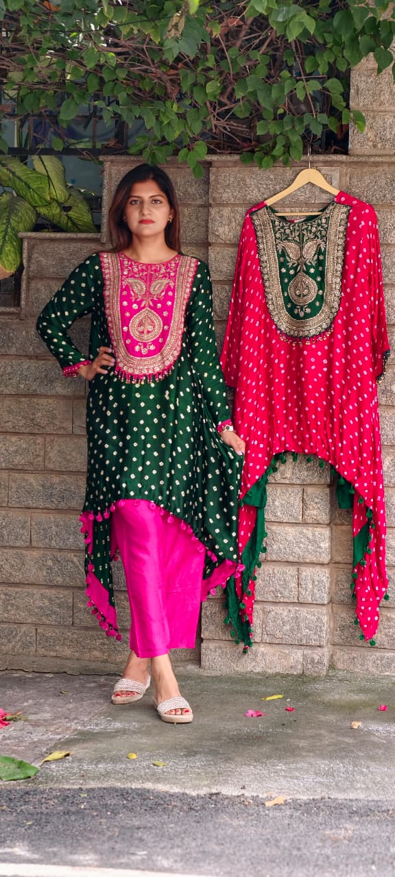 Rich Zardozi Yoke With Coin Latkan Accents Bandhej Printed High-Low Dual Tone Kurta With Solid Bottom- 16016