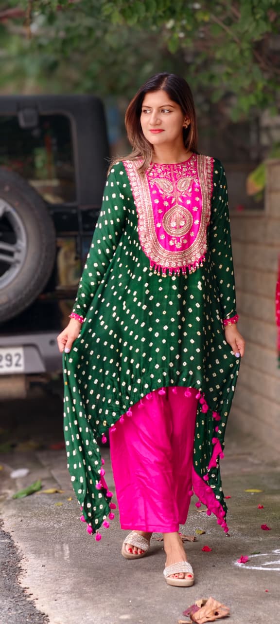 Rich Zardozi Yoke With Coin Latkan Accents Bandhej Printed High-Low Dual Tone Kurta With Solid Bottom- 16016