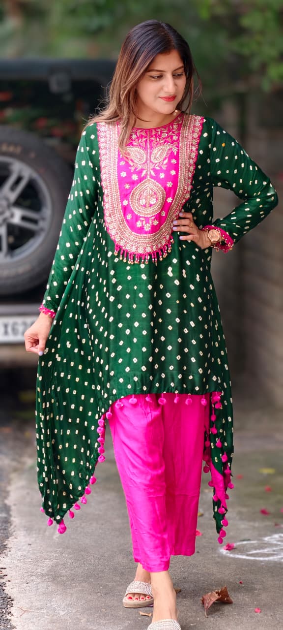 Rich Zardozi Yoke With Coin Latkan Accents Bandhej Printed High-Low Dual Tone Kurta With Solid Bottom- 16016