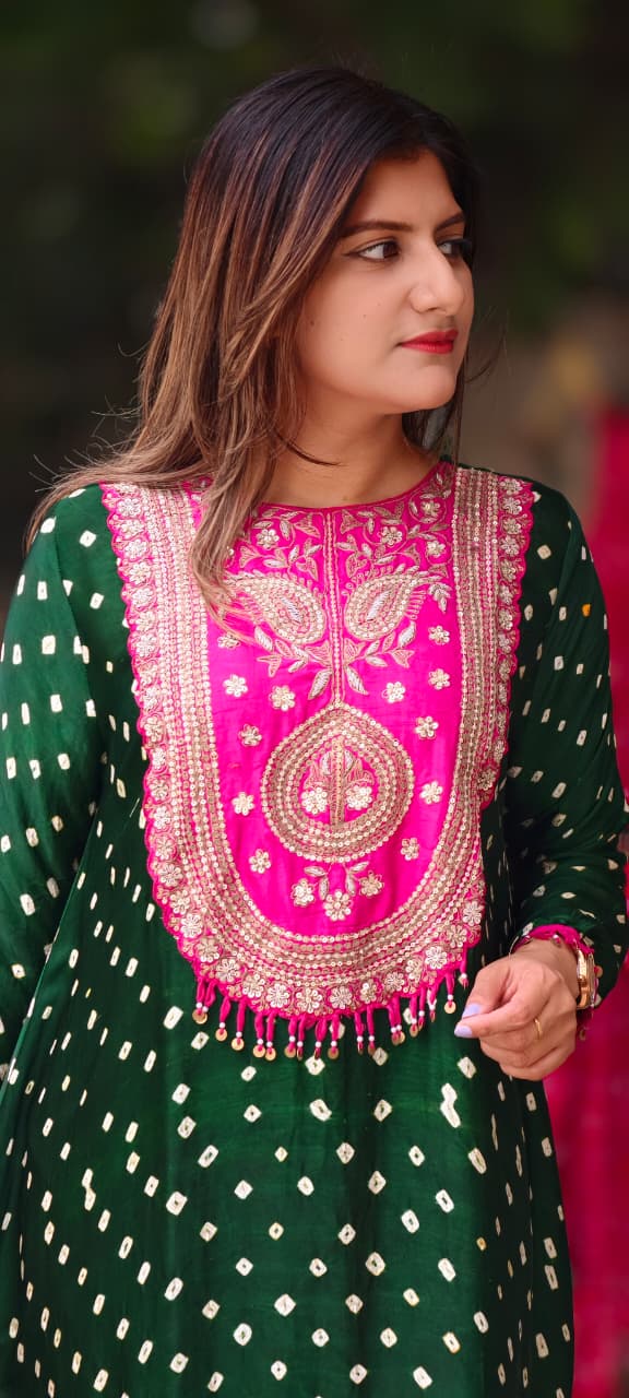 Rich Zardozi Yoke With Coin Latkan Accents Bandhej Printed High-Low Dual Tone Kurta With Solid Bottom- 16016