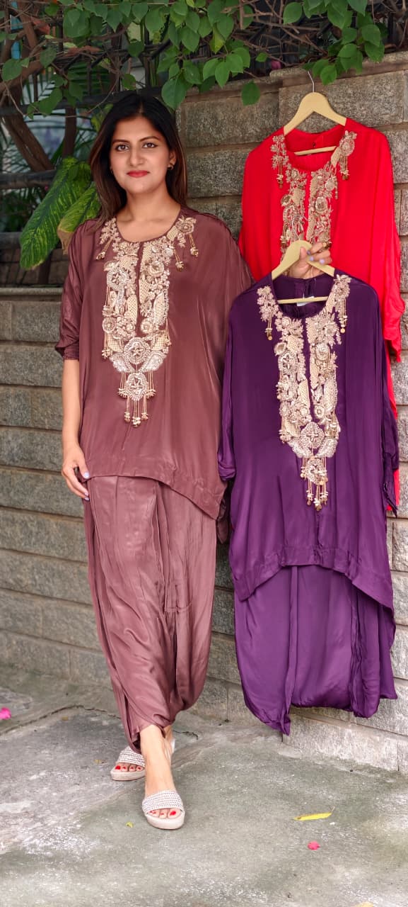 Traditional Indian Handwork Over Yoke Rich Tassel Accent Solid Tone Indo-Wear Top With Dhoti Style Bottom- 16014