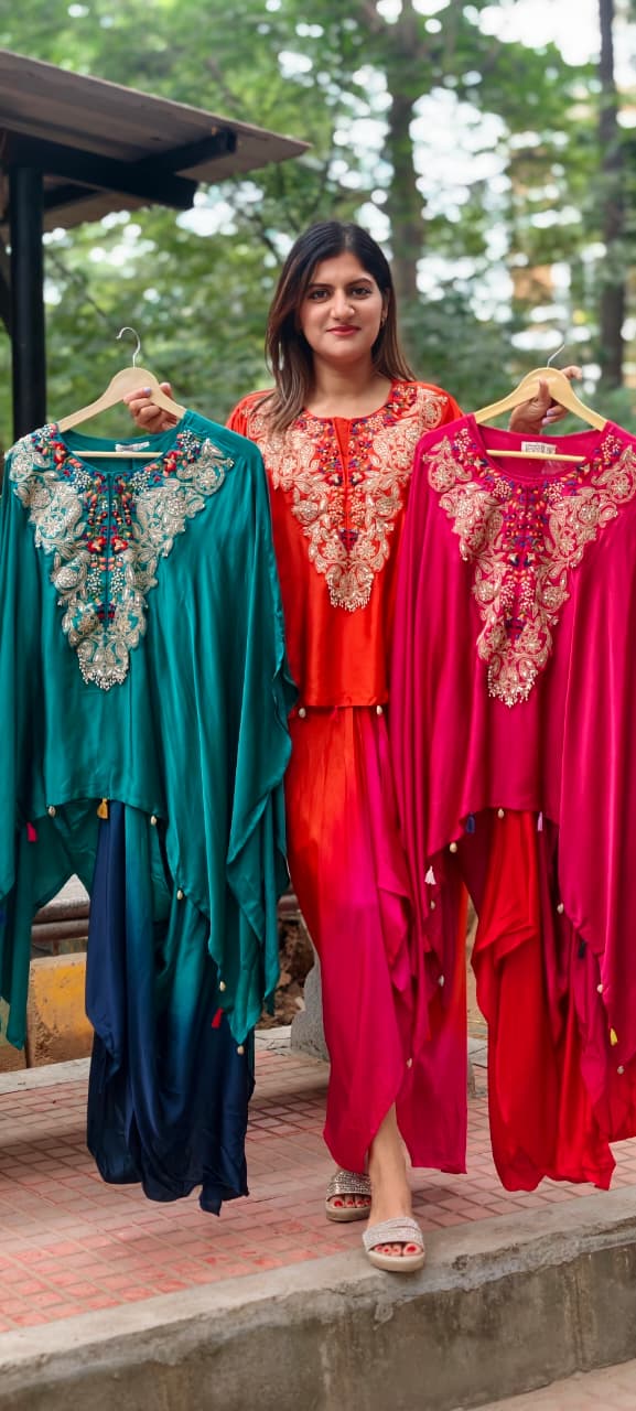 Multicolor Marodi Embroidery Work Yoke High-Low Tassel Accent Flowy Indo-Wear Drape Skirt- 16017