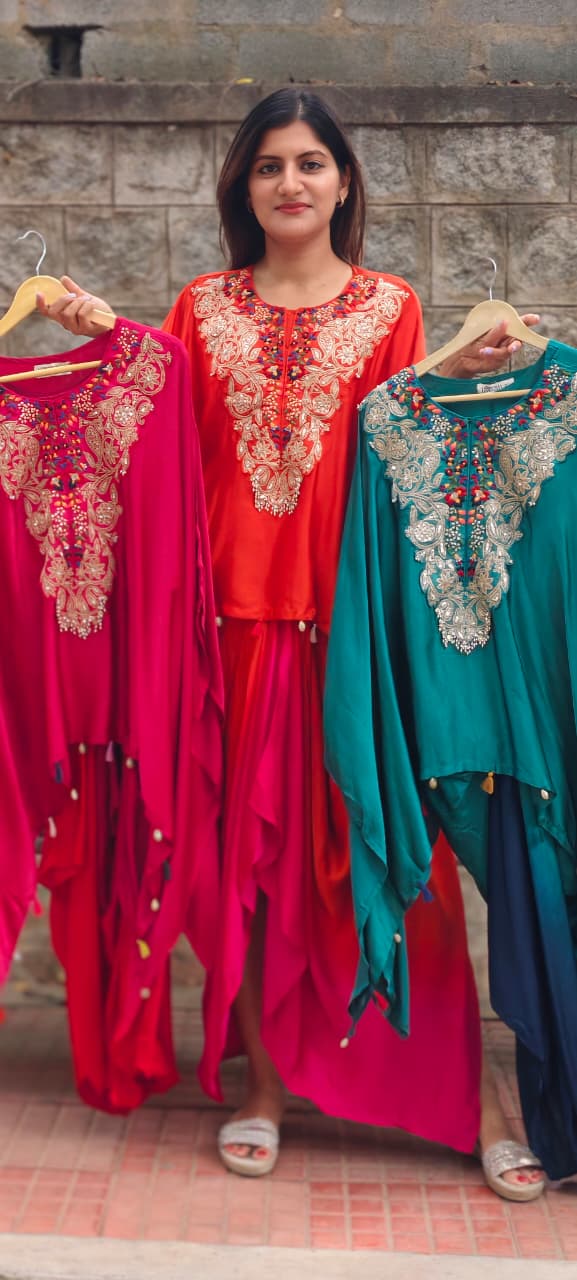 Multicolor Marodi Embroidery Work Yoke High-Low Tassel Accent Flowy Indo-Wear Drape Skirt- 16017