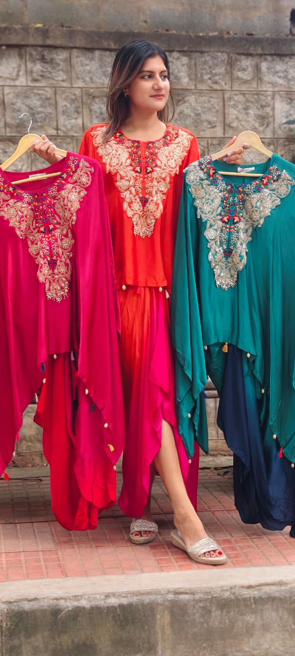 Multicolor Marodi Embroidery Work Yoke High-Low Tassel Accent Flowy Indo-Wear Drape Skirt- 16017