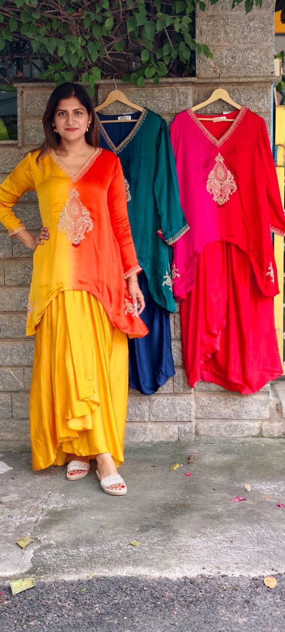 Fine Intricate Mango Buti Inspired Embroidery U-Cut High-Low Indo-Wear Ombre Top With Matching Solid Drape Matching Bottom- 16012