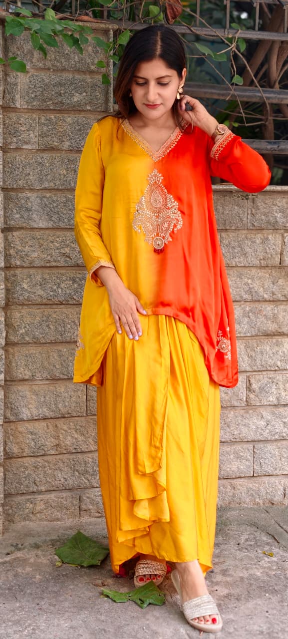 Fine Intricate Mango Buti Inspired Embroidery U-Cut High-Low Indo-Wear Ombre Top With Matching Solid Drape Matching Bottom- 16012