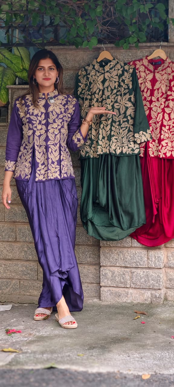 Petals Embroidered High-Neck Multiple Slitted Kurta With Drape Skirt Bottom Single Tone Indo-Wear- 16015
