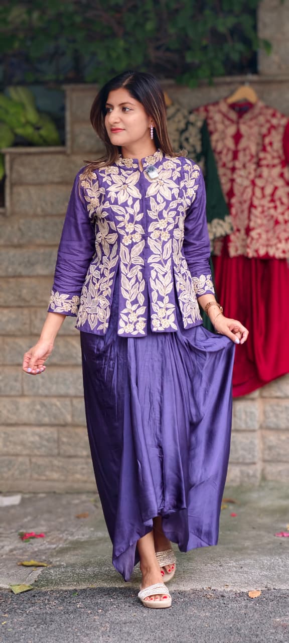 Petals Embroidered High-Neck Multiple Slitted Kurta With Drape Skirt Bottom Single Tone Indo-Wear- 16015