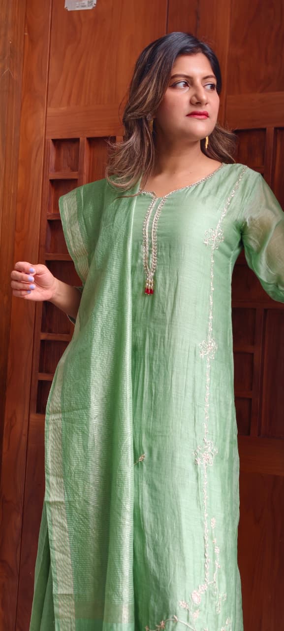 Minimal Rich Intricate Embroidered Tassel Highlights Premium Mul-Chanderi A-Line Full Suit Set With Dupatta- 15941