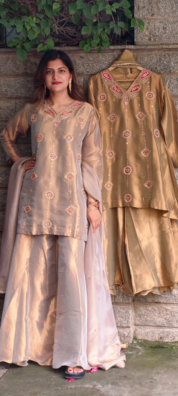 Antique Color Pallete Metallic Embroidery Short Length Kurti With Flared Palazzo Bottom & Matching Dupatta- 15864