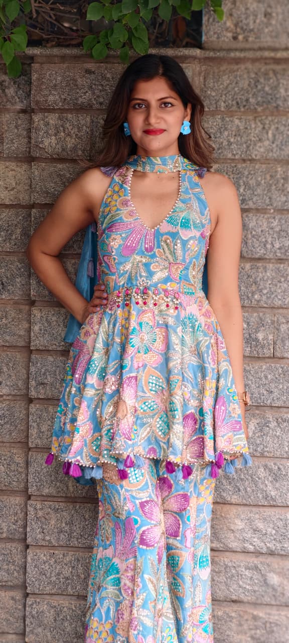 Shimmer Glance Multicolor Spring Floral Jewel Over Waist Haulter Peplum Kurta With Palazzo Bottom & Chowker Dupatta- 15008