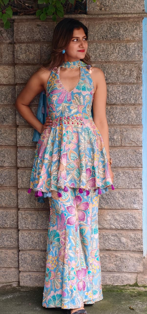 Shimmer Glance Multicolor Spring Floral Jewel Over Waist Haulter Peplum Kurta With Palazzo Bottom & Chowker Dupatta- 15008
