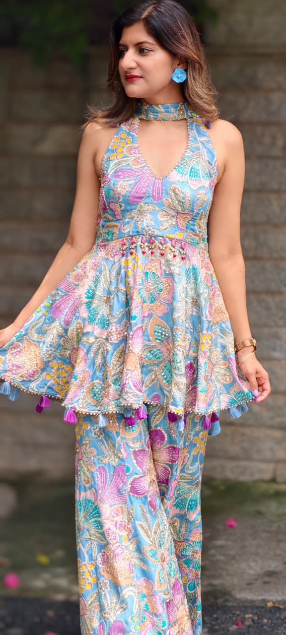 Shimmer Glance Multicolor Spring Floral Jewel Over Waist Haulter Peplum Kurta With Palazzo Bottom & Chowker Dupatta- 15008