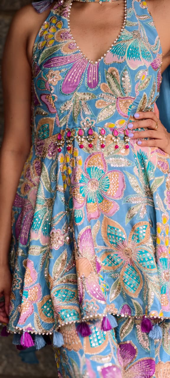 Shimmer Glance Multicolor Spring Floral Jewel Over Waist Haulter Peplum Kurta With Palazzo Bottom & Chowker Dupatta- 15008
