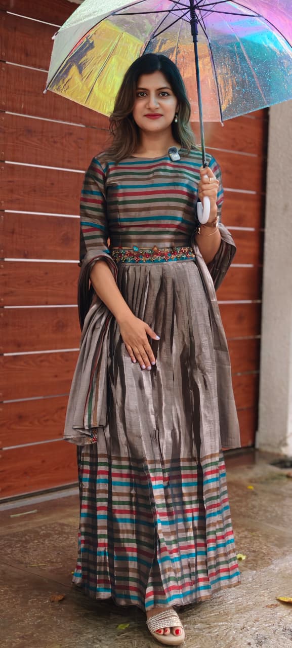 Tribal Inspired Metallic Multicolor Stripe Elegance Crop-Top With Belt Look Matching Skirt With Dupatta In Premium Tissue Fabric- 15321
