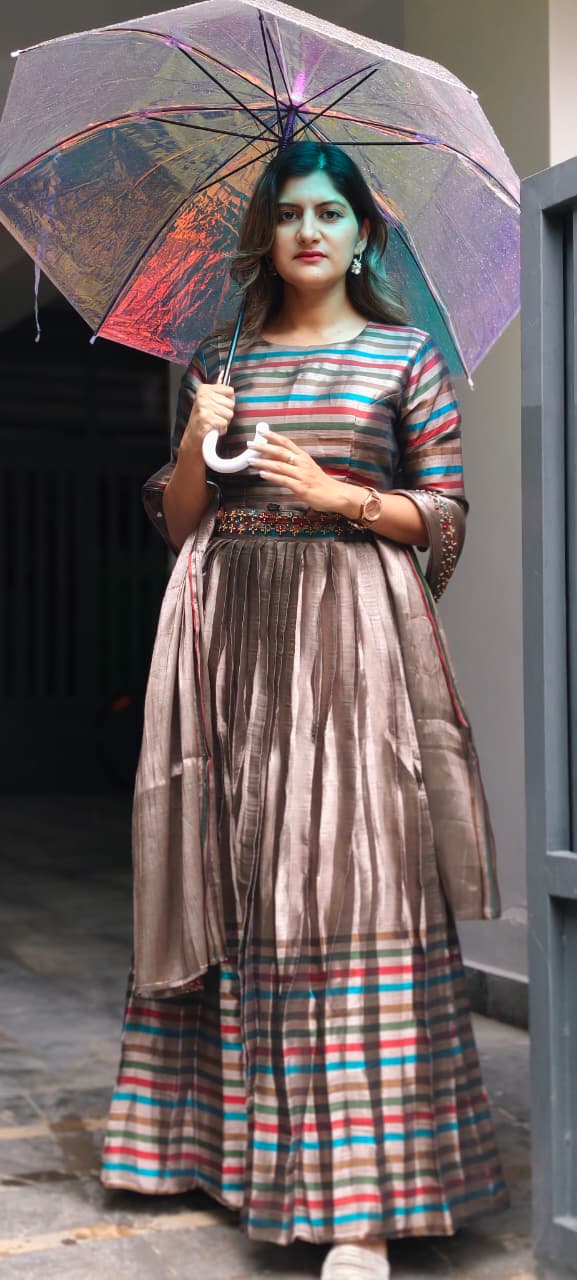 Tribal Inspired Metallic Multicolor Stripe Elegance Crop-Top With Belt Look Matching Skirt With Dupatta In Premium Tissue Fabric- 15321