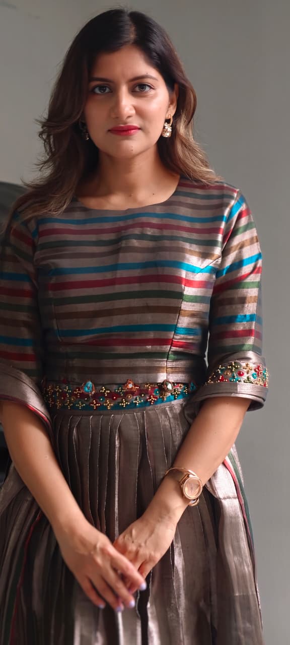 Tribal Inspired Metallic Multicolor Stripe Elegance Crop-Top With Belt Look Matching Skirt With Dupatta In Premium Tissue Fabric- 15321