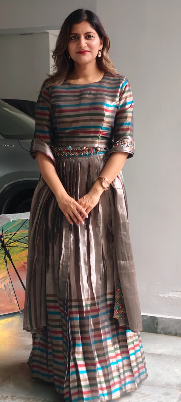 Tribal Inspired Metallic Multicolor Stripe Elegance Crop-Top With Belt Look Matching Skirt With Dupatta In Premium Tissue Fabric- 15321