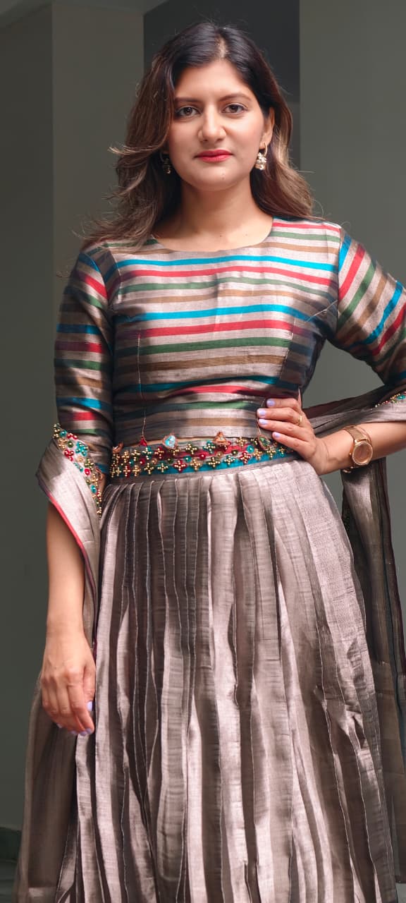 Tribal Inspired Metallic Multicolor Stripe Elegance Crop-Top With Belt Look Matching Skirt With Dupatta In Premium Tissue Fabric- 15321