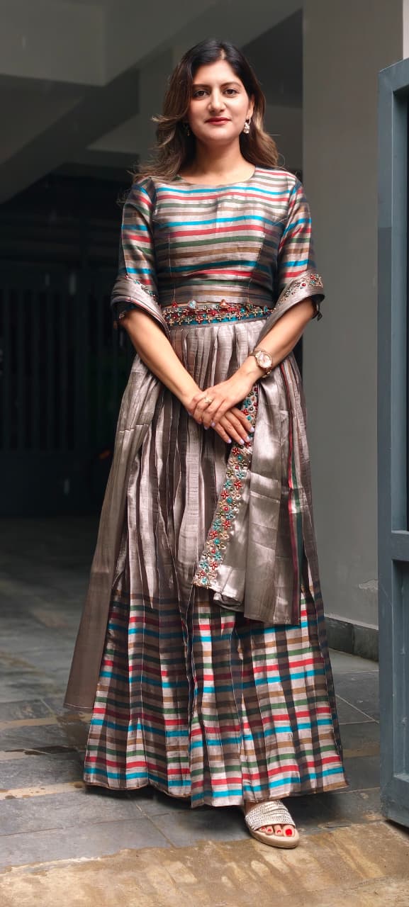 Tribal Inspired Metallic Multicolor Stripe Elegance Crop-Top With Belt Look Matching Skirt With Dupatta In Premium Tissue Fabric- 15321