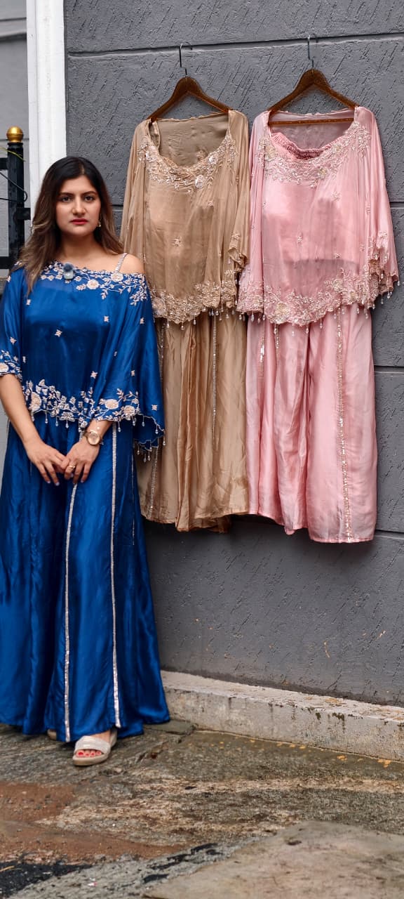 Premium Floral Hand Embroidery Crystal Tassel Accent One-Side Off Soulder Flowy Cape With Buster & Palazzo Bottom- 15976
