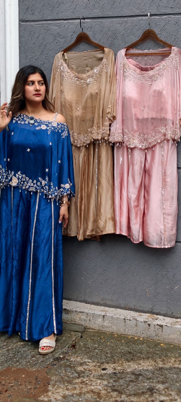 Premium Floral Hand Embroidery Crystal Tassel Accent One-Side Off Soulder Flowy Cape With Buster & Palazzo Bottom- 15976