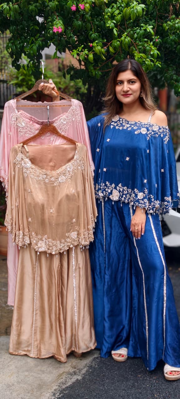 Premium Floral Hand Embroidery Crystal Tassel Accent One-Side Off Soulder Flowy Cape With Buster & Palazzo Bottom- 15976