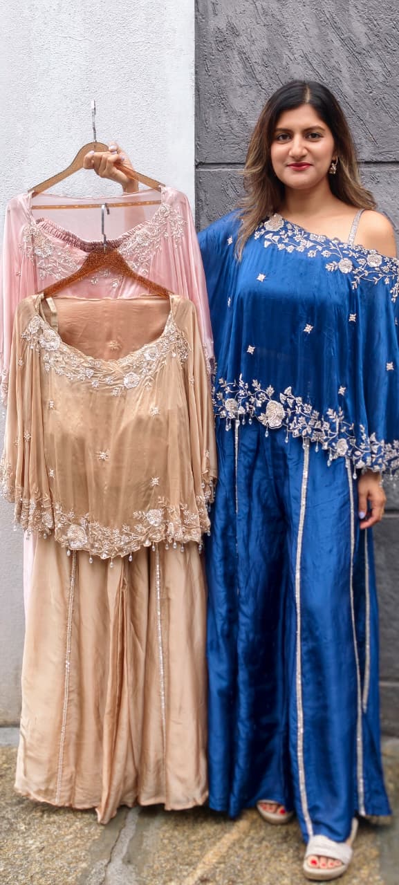 Premium Floral Hand Embroidery Crystal Tassel Accent One-Side Off Soulder Flowy Cape With Buster & Palazzo Bottom- 15976