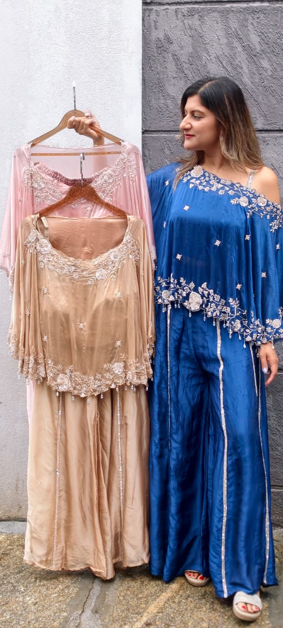 Premium Floral Hand Embroidery Crystal Tassel Accent One-Side Off Soulder Flowy Cape With Buster & Palazzo Bottom- 15976